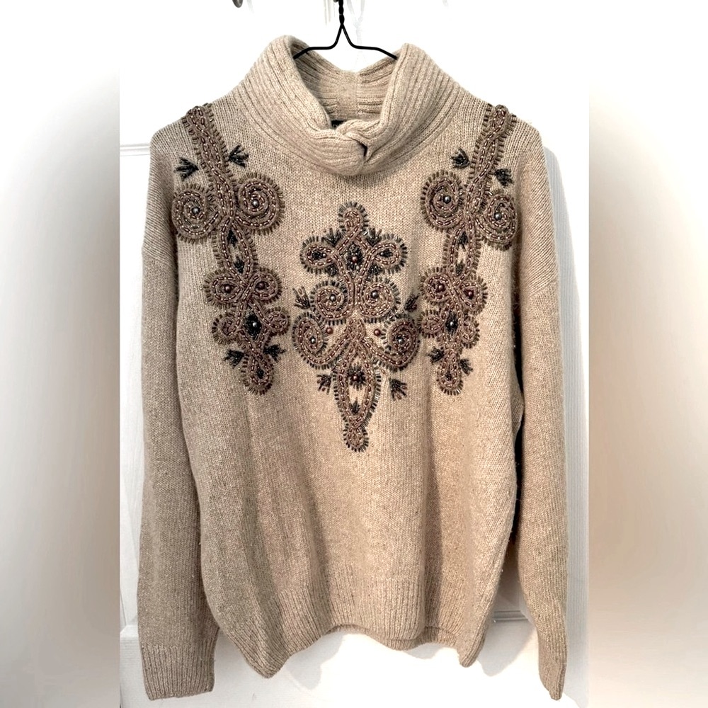 Vintage IB Diffusion silk angora lambswool embellished turtleneck L beige beaded